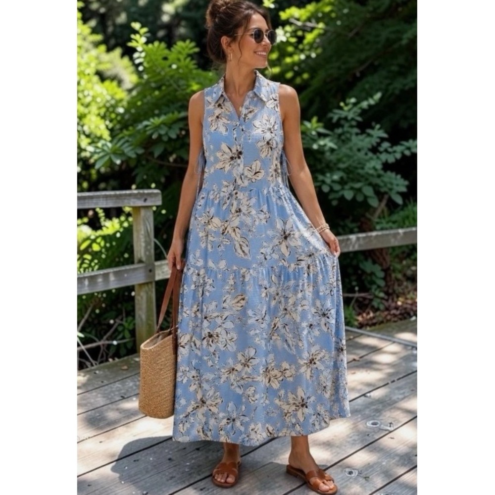 Calypso St. Barth Women L Maxi Dress Blue Floral Sleeveless Boho Coastal Summer